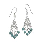 Sterling Silver Diamond Shaped Filigree French Wire Earrings with 5 Turquoise Drops