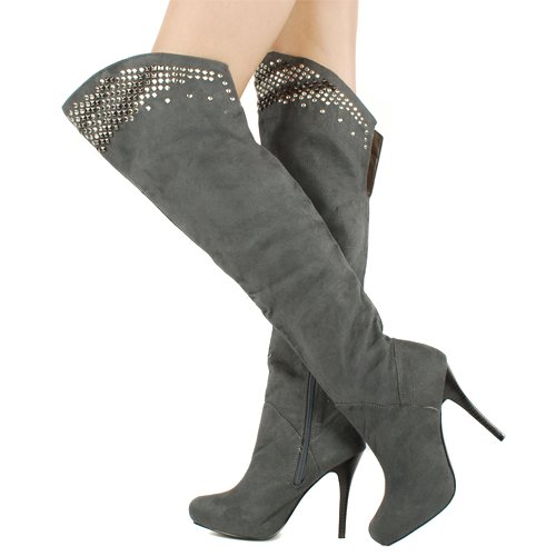 Furge76 Studded Topline Thigh High Boots GRAY