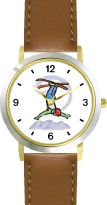 Acrobatic Skier Somersault Snow Skiing - WATCHBUDDY® DELUXE TWO-TONE THEME WATCH - Arabic Numbers - Brown Leather Strap-Size-Large ( Men