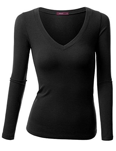 Doublju Womens Basic V-Neck Long Sleeve T-Shirt