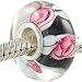 ROSES on Black Murano Style Glass Sterling Core Bead for Charm Bracelet