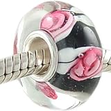 ROSES on Black Murano Style Glass Sterling Core Bead for Charm Bracelet