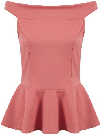 Womens Ladies Off Shoulder Sleeveless Bardot Peplum Frill Shift Skater Vest Top - CORAL - UK 16/18 - (65% Polyester 30% Viscose 5 % Elastane)