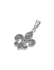 Sterling Silver Fleur De Lis Designer Pendant Unique Charm Pure 925 New USA 28mm with 1.2mm Rope Chain