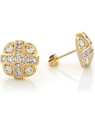 14k Two Toned Real Gold White CZ 1.28cm Cluster Cross X Post Earrings