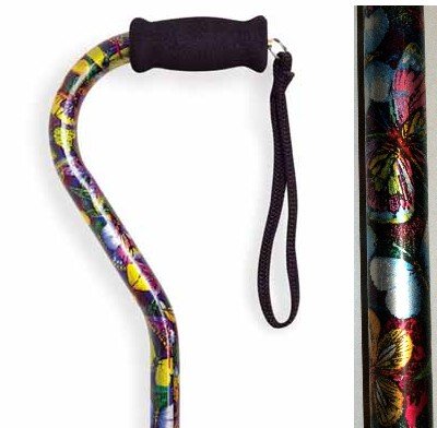 Nova Ortho-Med Nova Cane with Offset Handle and Strap in Butterflies, Green/Black