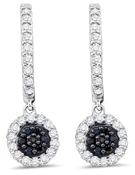 10K White Gold Round Brilliant Cut Black and White Diamond - Flower Shape Channel Set Dangle Earrings - (1/2 cttw.)