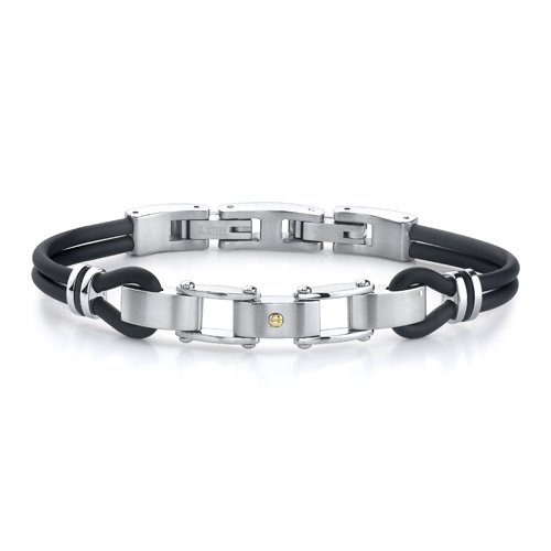 Polished Sophistication: Stainless Steel Panther Link Dual Rubber Cord Gold Screw Bracelet for Men