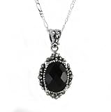 Elegant Black Sparkling Stone Marcasite Accent Sterling Pendant Necklace, 18