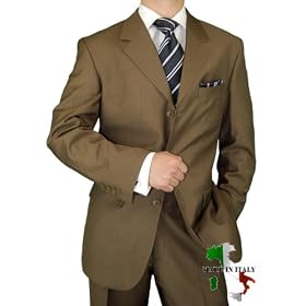 Gino Valentino Made in Italy Mens Suit 3 Button 2pc Canvas Front Jacket Flat Front Pants Business Suit Australian Merino Wool / Silk 150s Taupe Brown Stripe