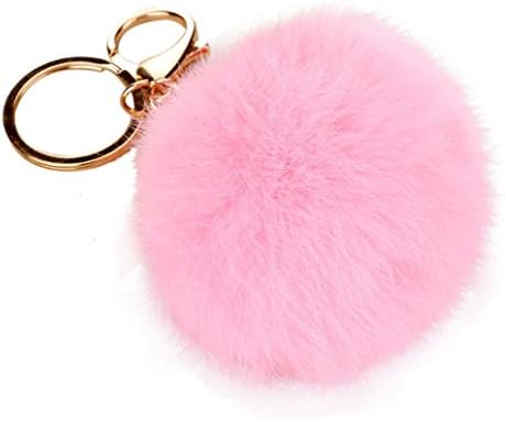 FUA® Cute Rabbit Fur Ball Keychain Bag Plush Car Key Ring Car Key Pendant (Pink)