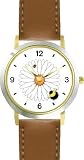 Bee & Ladybug or Lady Bug on Daisy Flower - Bee or Bumblebee - JP - WATCHBUDDY&reg; DELUXE TWO-TONE THEME WATCH - Arabic Numbers - Brown Leather Strap-Size-Women's Size-Small
