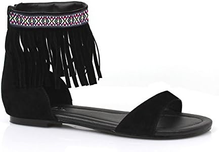 Ellie Shoes015-HENA Tribal Fringe Native Flat Sandal with Embroidered Details, Black, 11