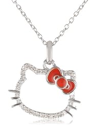 Hello Kitty by Simmons Jewelry Co .01 Cttw Diamond Accent Pave Diamond Face and Red Enamel Bow Dangle Girls Pendant Necklace