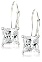 Platinum Overlay Sterling Silver 6x6 mm Emerald-Cut Cubic Zirconia Leverback Earrings