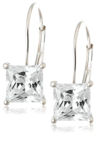 Platinum Overlay Sterling Silver 6x6 mm Emerald-Cut Cubic Zirconia Leverback Earrings