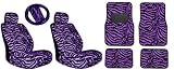 Premium New Style Purple Zebra 11pc Low Back Front Seat Covers with Head Rest Covers, Front and Rear Carpet Floor Mats with Matching Steering Wheel Cover and Shoulder Pads