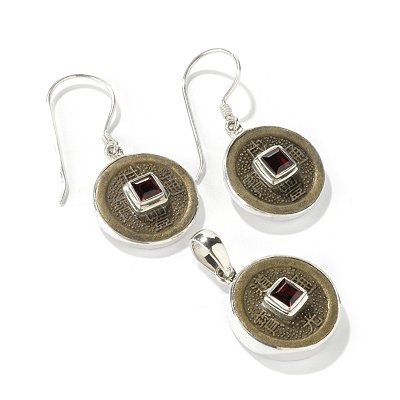 Sterling Silver Chinese Coin & Garnet Earrings & Pendant w/ Chain