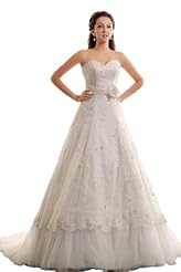 A-line Strapless Floor Length Applique Lace-Up  Tulle Sweetheart Wedding Dress  with a Court Train  With Pearls