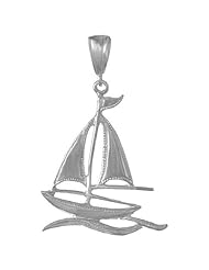 925 Solid Sterling Silver Nautical Necklace Charm Pendant, Sailboat Water Cut-out High