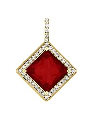 14K Yellow Gold 8.00x8.00mm Princess Cut Chatham Created Ruby and Diamond Pendant