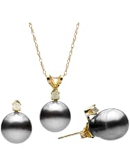 14k Yellow Gold Diamond 8-9mm Natural Black South Sea Tahitian Pearl Pendant Necklace 18" Length with Matching Diamond Stud Earring. Included Free Mahagony Wood Jewelry Box with Mirror.