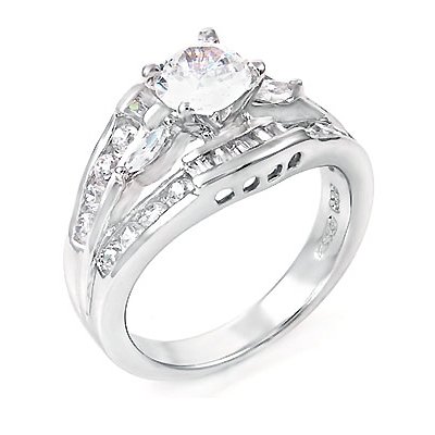 Dazzle with this Sterling Silver Engagement Ring, 3.00 Carat Total Weight of Round and Baguette Cut Stones, Designed with Top Quality Diamond Colored Cubic Zirconia, Free Shipping, Sale Price Offer, Comes with Free Special Gift Pouch and Box