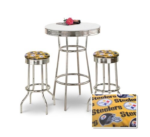 Chrome Bar Table & 2 Chrome Pittsburgh Steelers NFL Yellow Fabric Seat Barstools