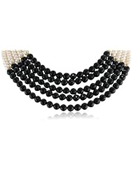 5 Row Faceted Black Onyx with White Potato Freshwater Cultured Pearls Gold over Silver Clasp Necklace, 16"
