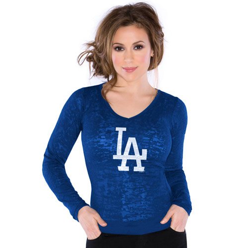 Touch by Alyssa Milano L.A. Dodgers Ladies Burnout Thermal V-neck Long Sleeve Premium T-shirt - Royal Blue (X-Small)