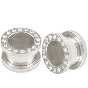 1/2 inch 12mm - 316L Surgical Stainless Steel screw fit Flesh Tunnels Ear Plugs with Clear Swarovski Crystal CAFP - Ear stretched Stretching Expanders Stretchers Earrings - Pierced Body Piercing Jewellery - Sold as a Pair