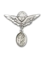 Sterling Silver Baby Badge with St. Jerome Charm and Angel with Wings Badge Pin