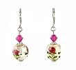 Earrings - E313 - Lampwork Glass and Swarovski (tm) Crystal Beads - Round Bead with Fuchsia Flowers ~ Silver Core