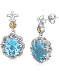 18K Yellow Gold and Sterling Silver Earrings with Blue Topaz and Diamonds