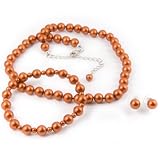 Pumpkin Satin-Finish 8mm Glass Pearl Necklace, Bracelet and Earrings Set by Margot Townsend