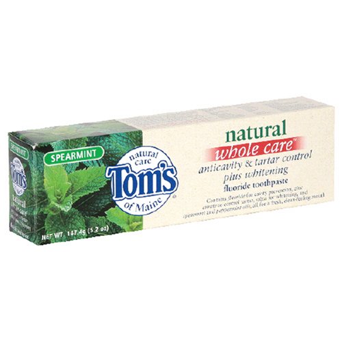 Tom's of Maine Natural Whole Care Anticavity & Tartar Control Plus Whitening Fluoride Toothpaste, Spearmint, 5.2-Ounce Tubes (Pack of 6)