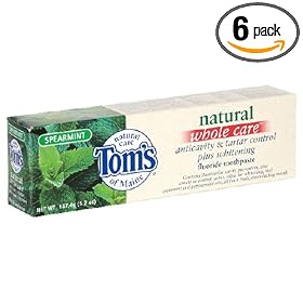 Tom's of Maine Natural Whole Care Anticavity & Tartar Control Plus Whitening Fluoride Toothpaste, Spearmint, 5.2-Ounce Tubes (Pack of 6)