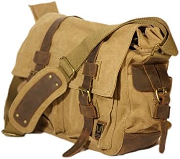 Canvas Messenger Bag - Leather Features - 14" Laptop Bag - Tan - Military Style, Multi-Pocket