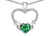 2.03 cttw 10k Gold Hands Holding your Heart Simulated Emerald and Diamond 1 Inch Claddagh Love Pendant