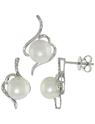 18k White Gold Swirl Pendant on 14k White Gold 18 in. Chain & Dangle Earrings Set, w/ .132 Carat Brilliant Cut Diamonds & 8mm White Pearls