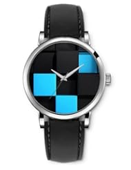 SPRAWL Aanalog Fashion Series Silver Ladies Watches of Genuine Black Leather Strap,Unique Wrist Watch for Women Girls Designed with Blue and black cubes