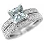 Princess-Cut AAA Blue Aquamarine Matching Engagement/Wedding Ring Band Set 14k White Gold Antique Style