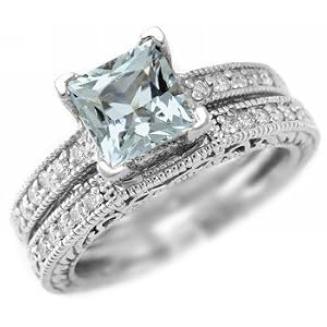 Princess-Cut AAA Blue Aquamarine Matching Engagement Wedding Ring Band Set 14k... by
