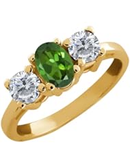 0.90 Ct Oval Green Tourmaline and White Diamond 18k Yellow Gold Ring