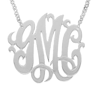 Mono03 Personalized Sterling Silver 1-1/4 Inch Three Initial Monogram Necklace with Silver Rolo Chain