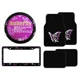 6 Piece Butterflies Auto Interior Gift Set - 2 Universal Fit Plush Carpet Front Floor... 