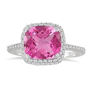 3.50 Carat Cushion Cut Pink Topaz and Diamond Halo Ring in 10K White Gold