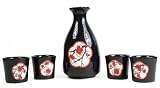 Sake set black with plum blossom calligraphy and four cups