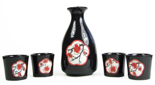 Sake set black with plum blossom calligraphy and four cups