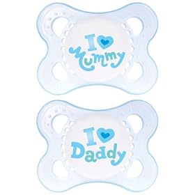 I Love (Heart) Daddy & Mummy Pack of 2 Baby Boy Newborn Dummies / Soothers Blue